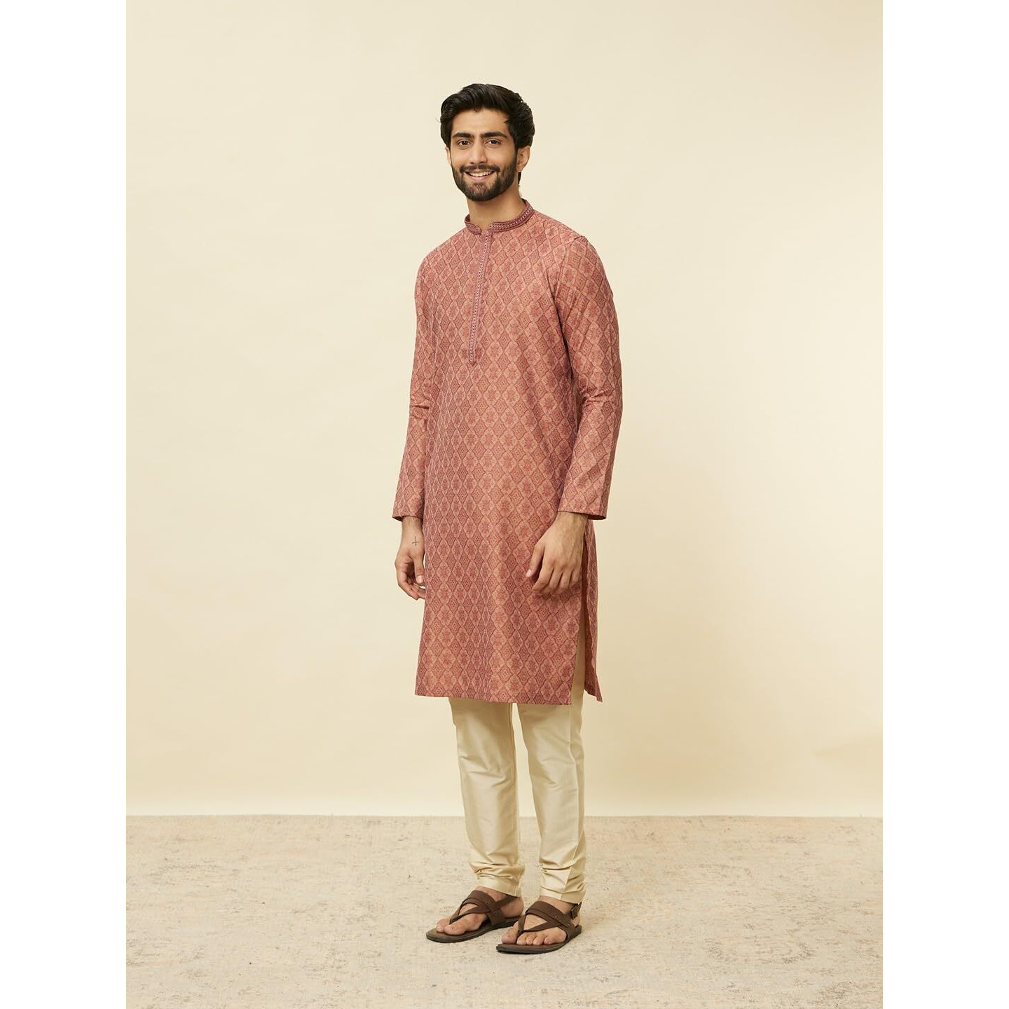 Manyavar Mens Rust Blended Cotton Self Design Kurta Pyjama Set