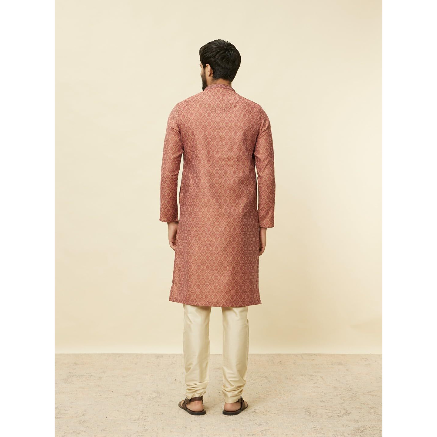Manyavar Mens Rust Blended Cotton Self Design Kurta Pyjama Set