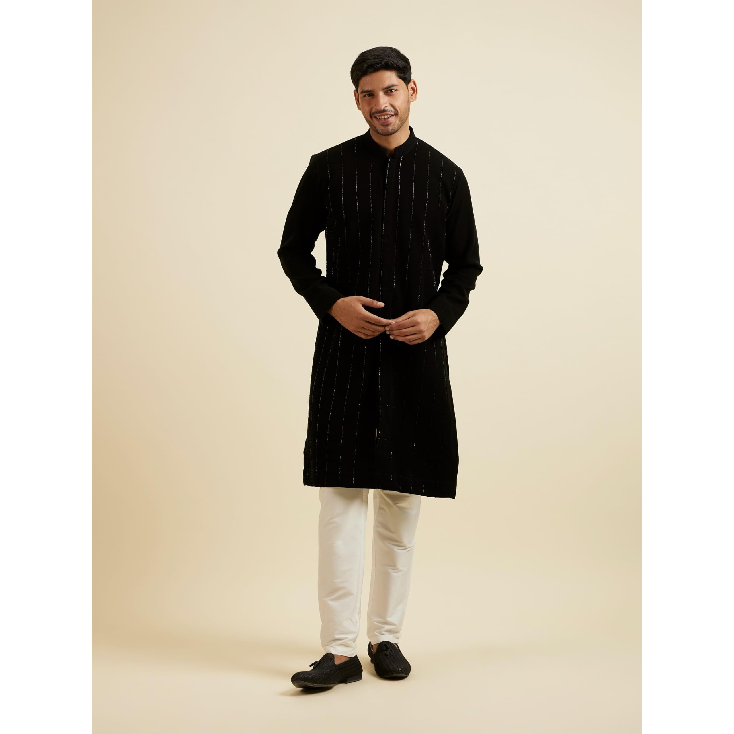 Manyavar Men's Rayon Blend Hand Embroidered Long Kurta (Black,M)