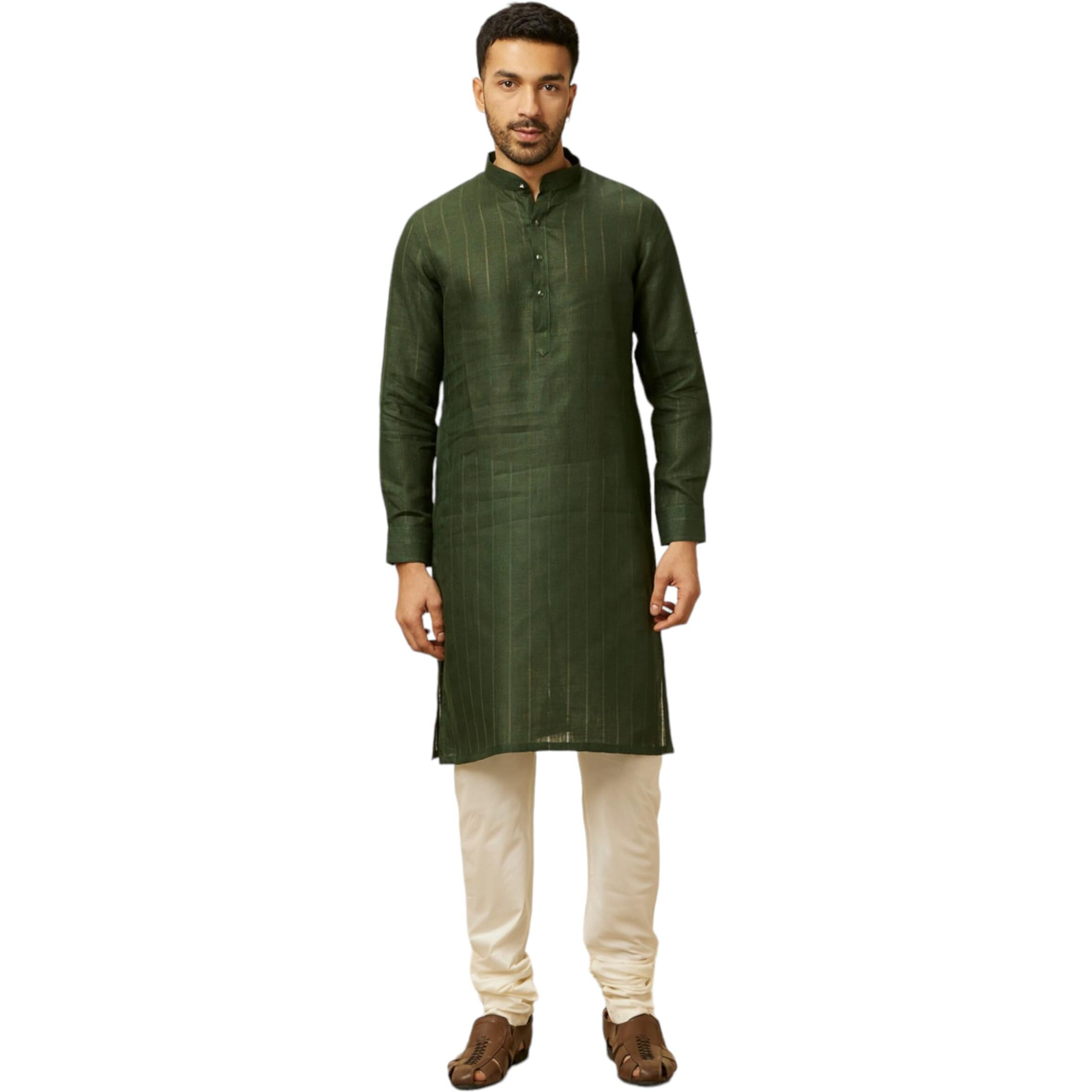 Manyavar Green Linen Plain Kurtas