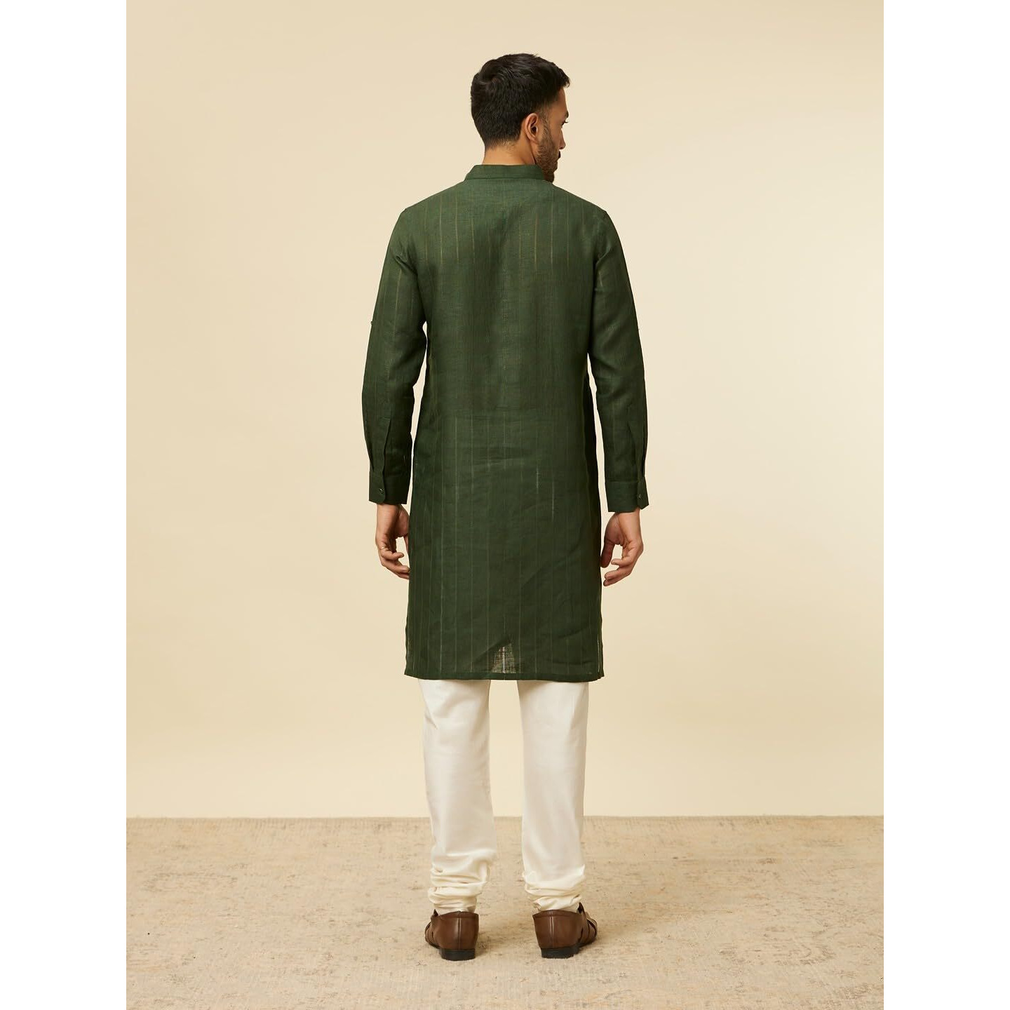 Manyavar Green Linen Plain Kurtas