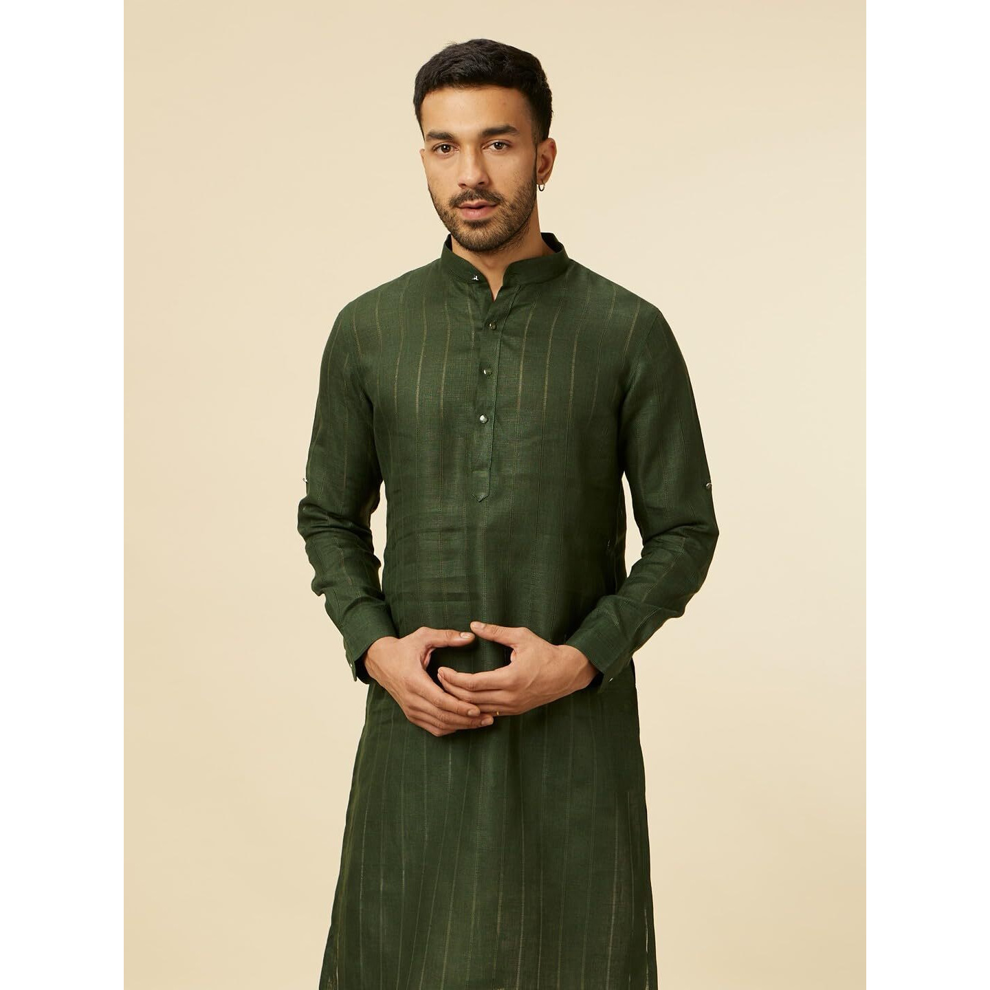 Manyavar Green Linen Plain Kurtas