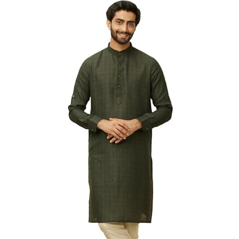 Manyavar Men's Dark Green Square Grid Printed Kurta (M)