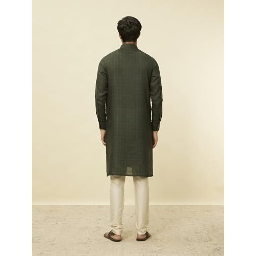Manyavar Men's Dark Green Square Grid Printed Kurta (M)