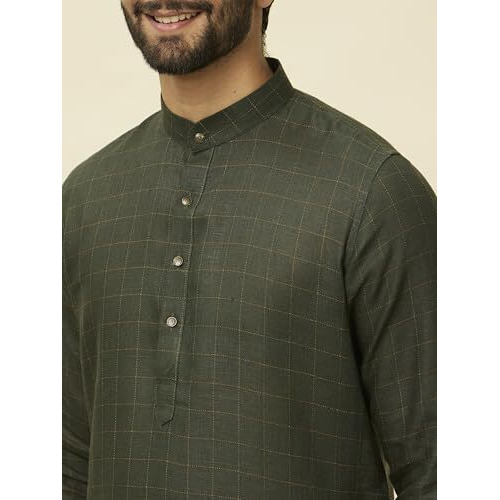 Manyavar Men's Dark Green Square Grid Printed Kurta (M)