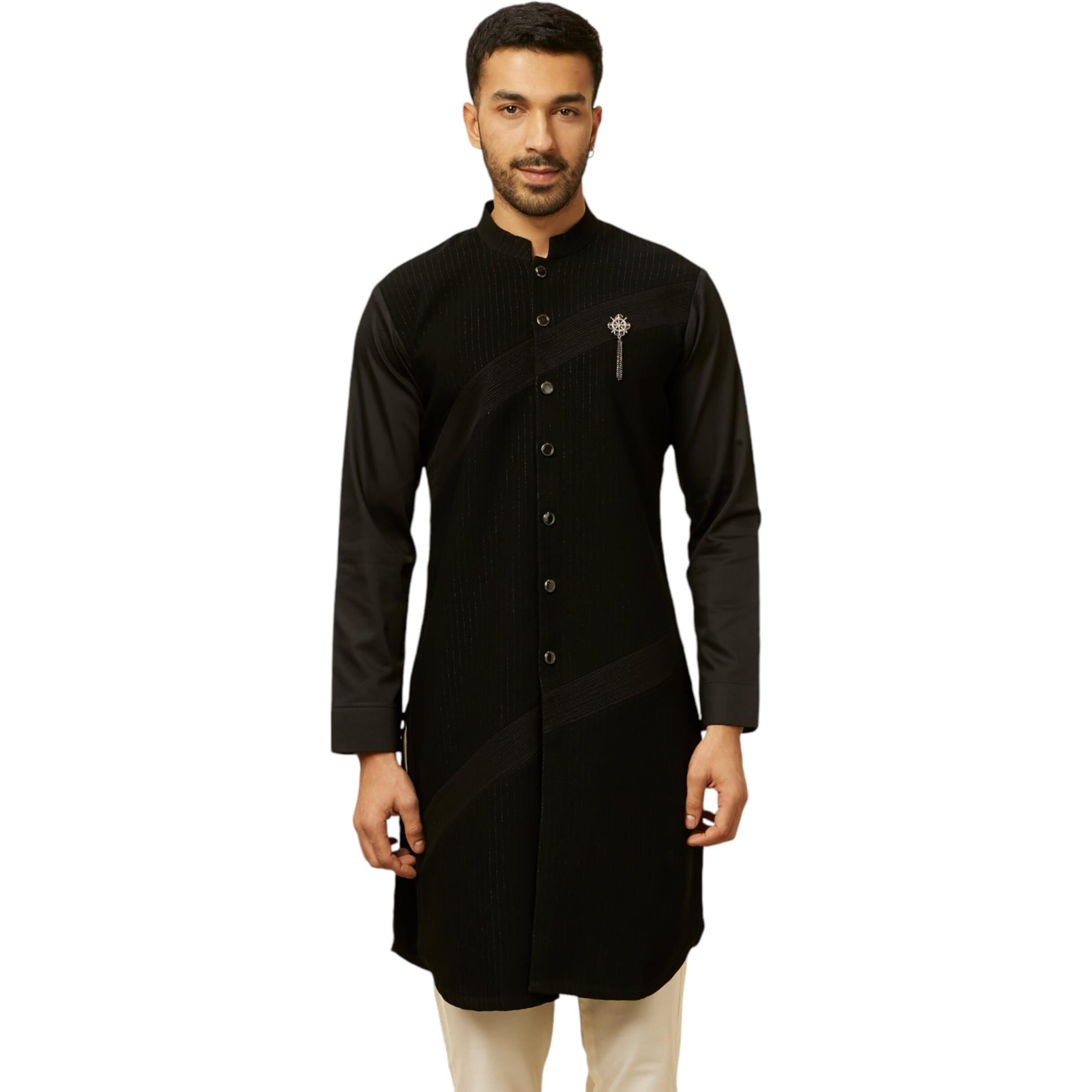 Manyavar Men's Black Striped Patterned Kurta (L)
