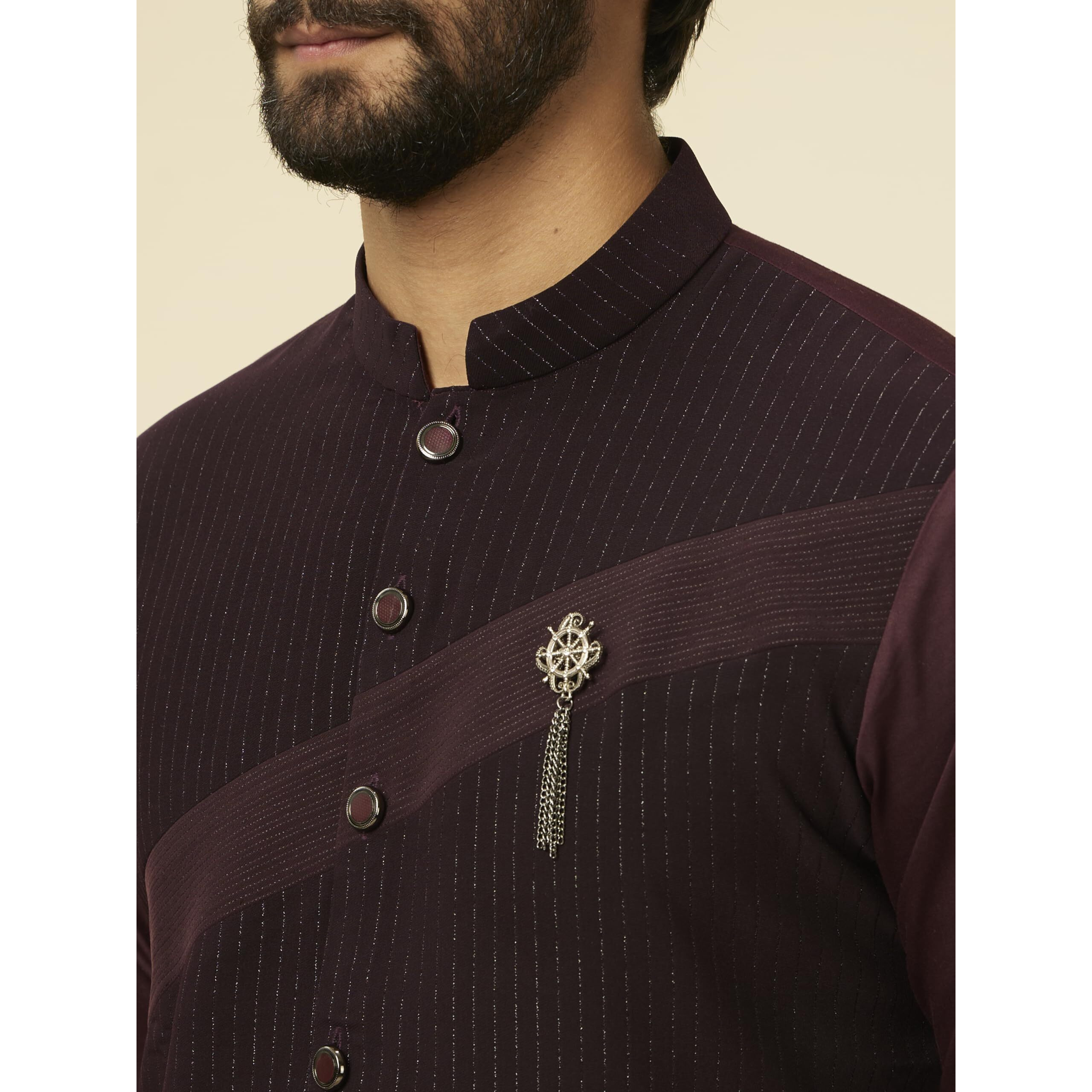 Manyavar Men's Wine Striped Patterned Kurta (Xl)