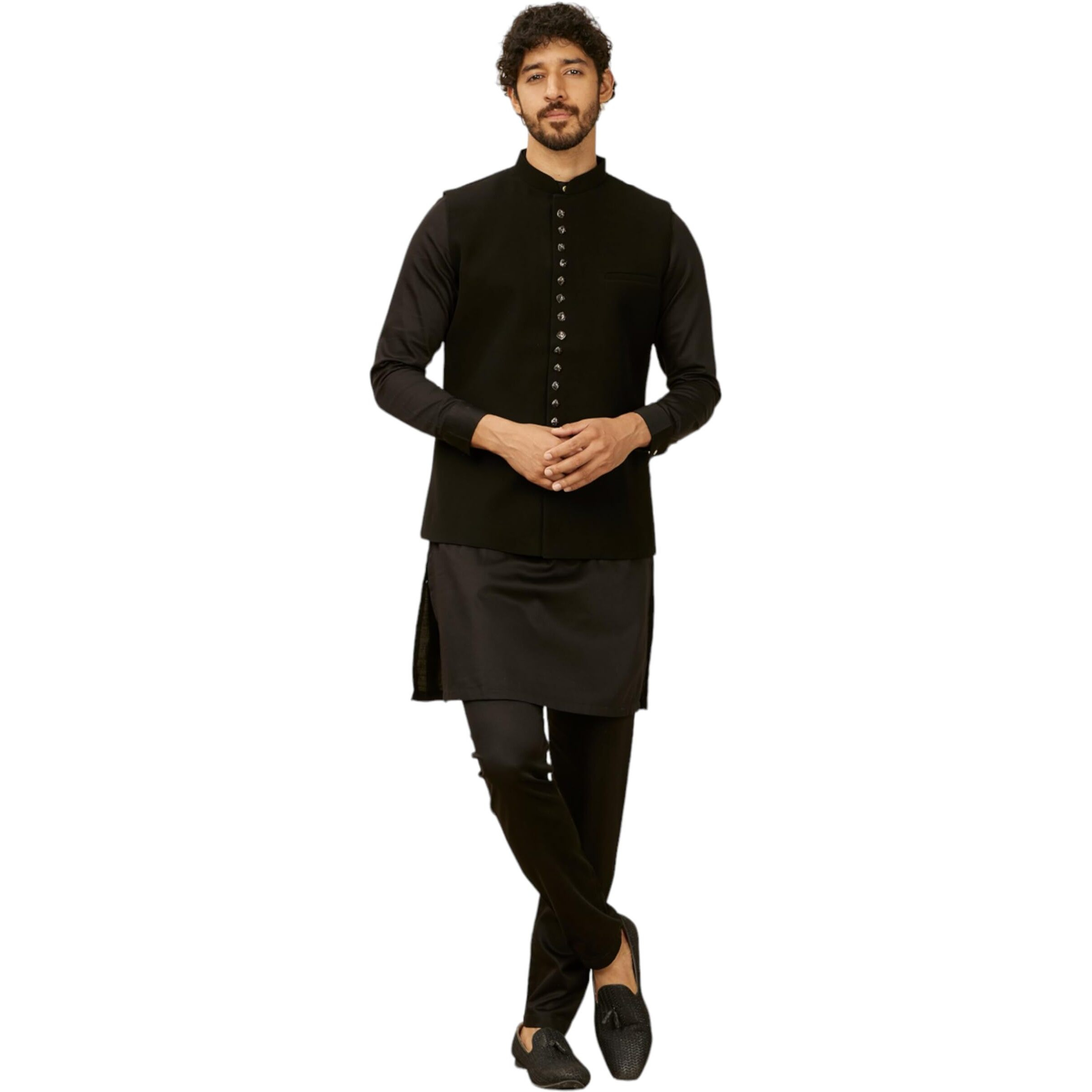 Manyavar Black Blended Rayon Solid Jackets For Men