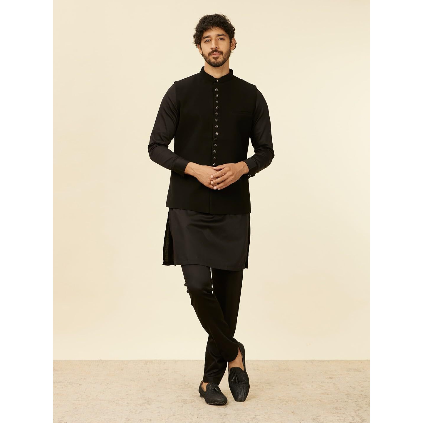 Manyavar Black Blended Rayon Solid Jackets For Men