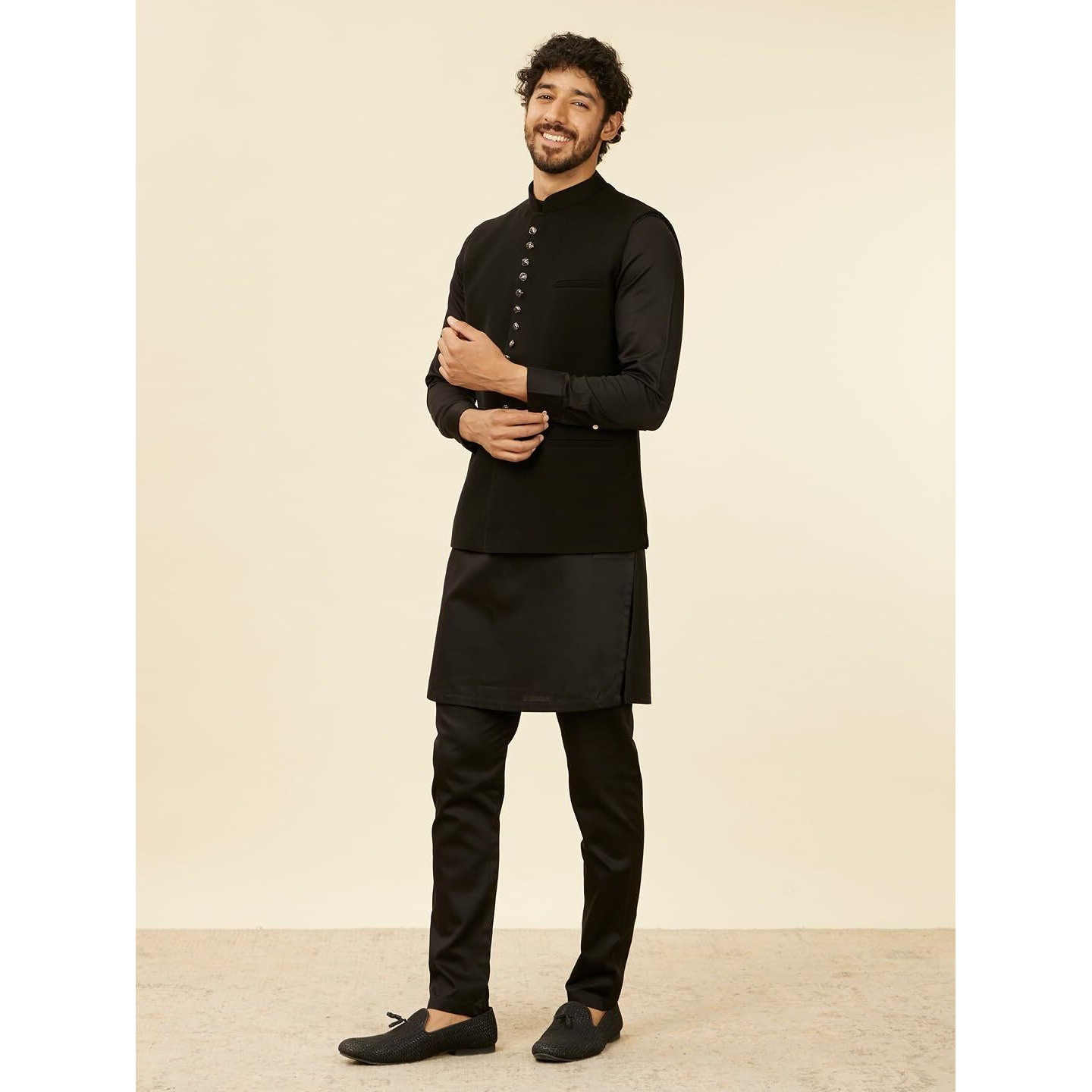 Manyavar Black Blended Rayon Solid Jackets For Men