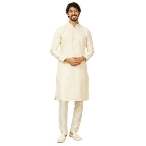 Manyavar Cream Art Silk Embroidery|Zari Weave Kurta Pyjama Set For Men