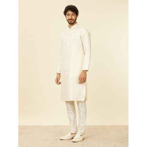 Manyavar Cream Art Silk Embroidery|Zari Weave Kurta Pyjama Set For Men