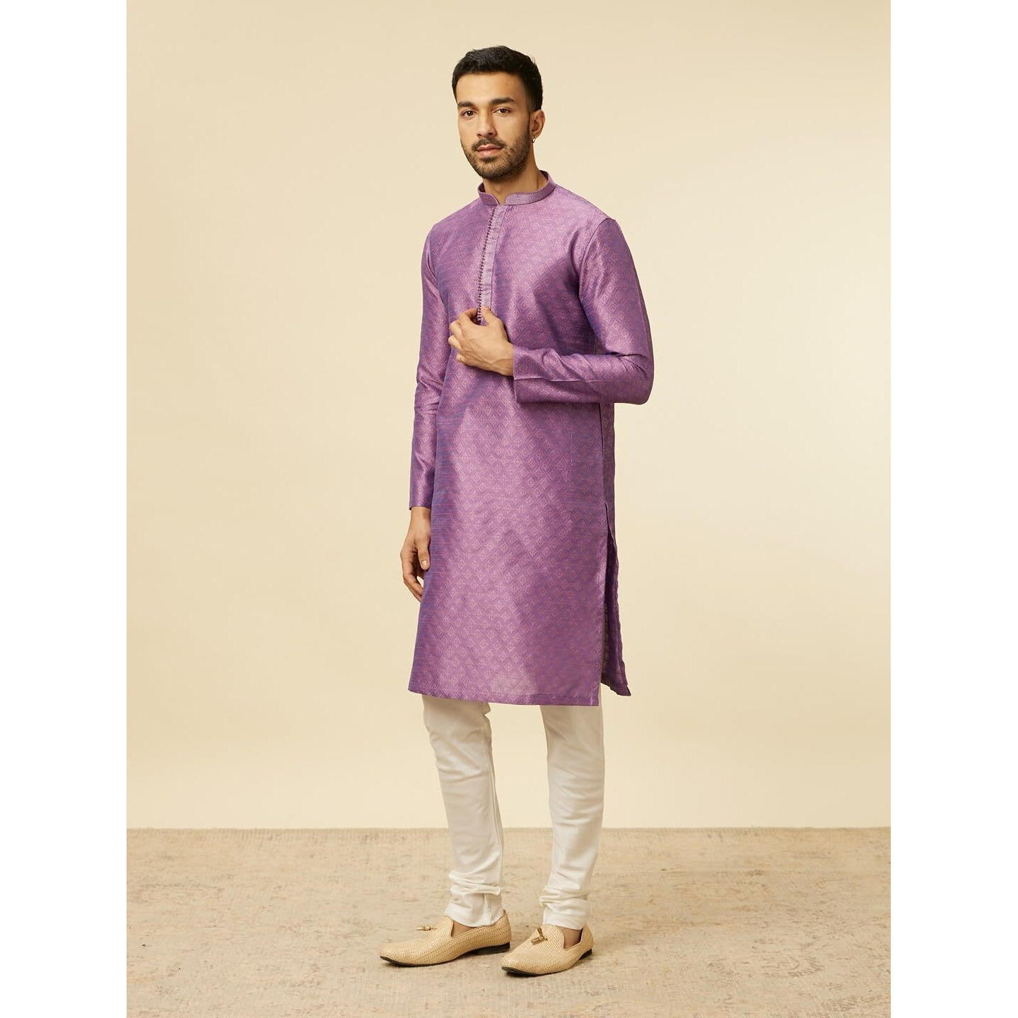 Manyavar Men's Purple Art Silk Embroidery | Self Texture Kurta Pyjama Set (Xl)