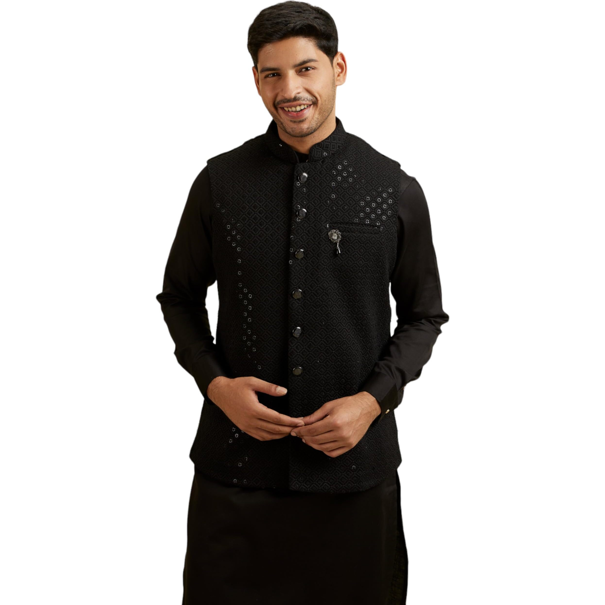Manyavar Men's Viscose Embroidered|Sequins Jacket Set (Black,Xl)