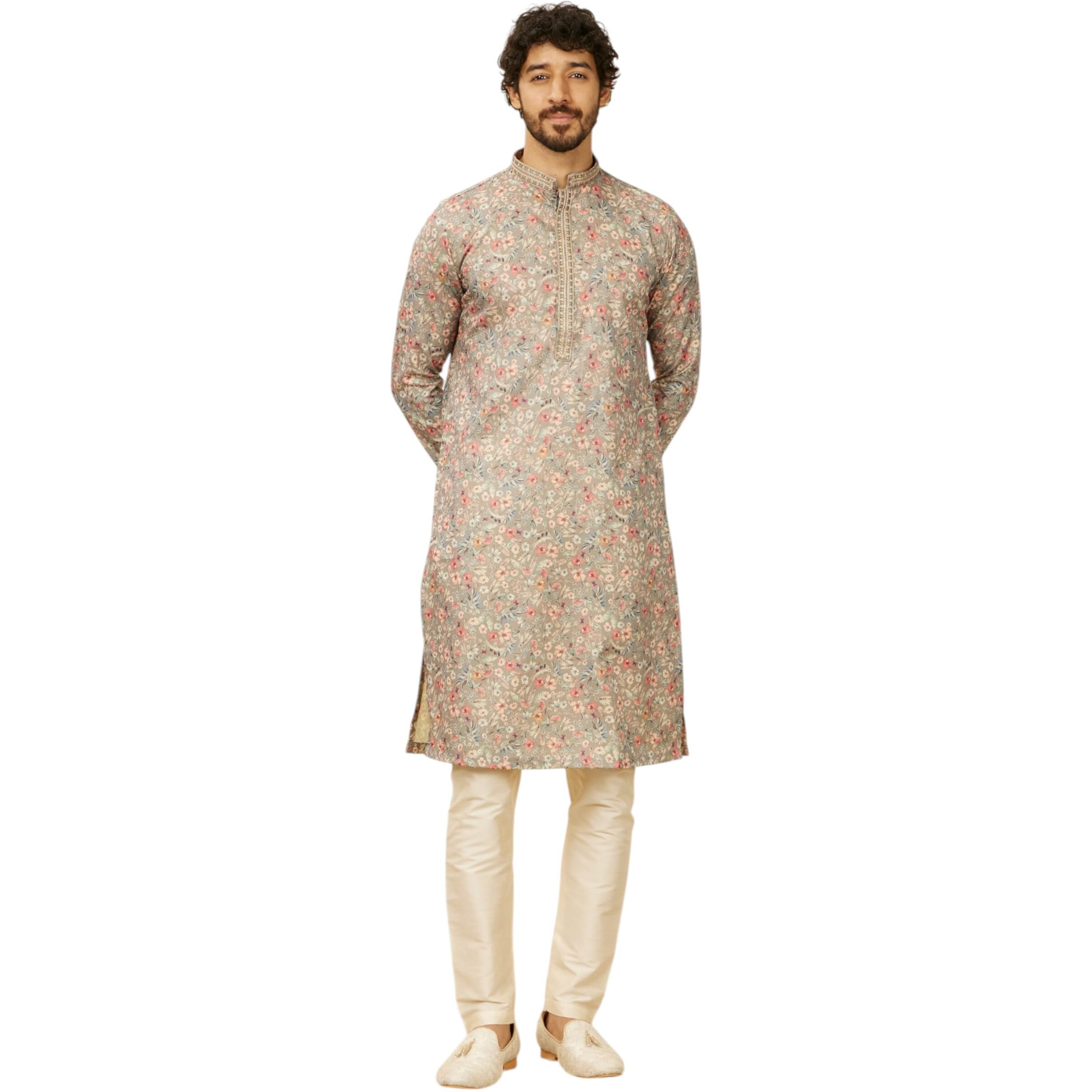 Manyavar Men's Viscose Blend Floral Print|Embroidery Kurta Set (Dark Grey,Xl)