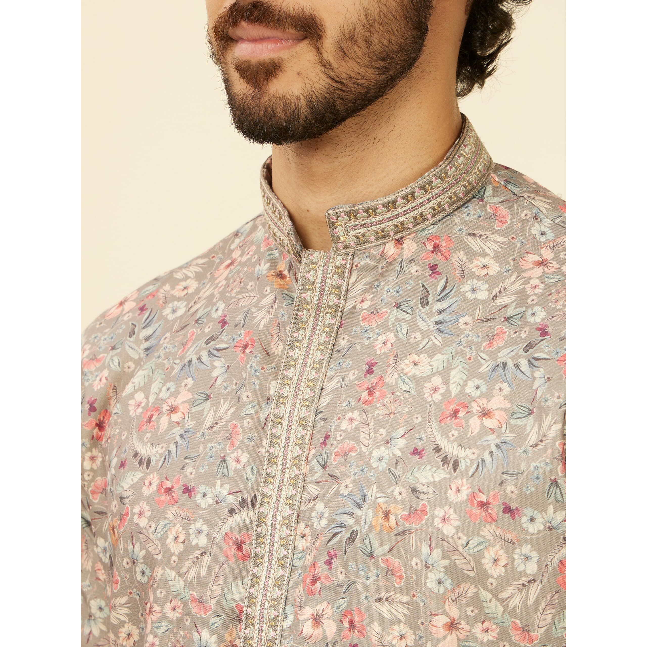 Manyavar Men's Viscose Blend Floral Print|Embroidery Kurta Set (Dark Grey,Xl)