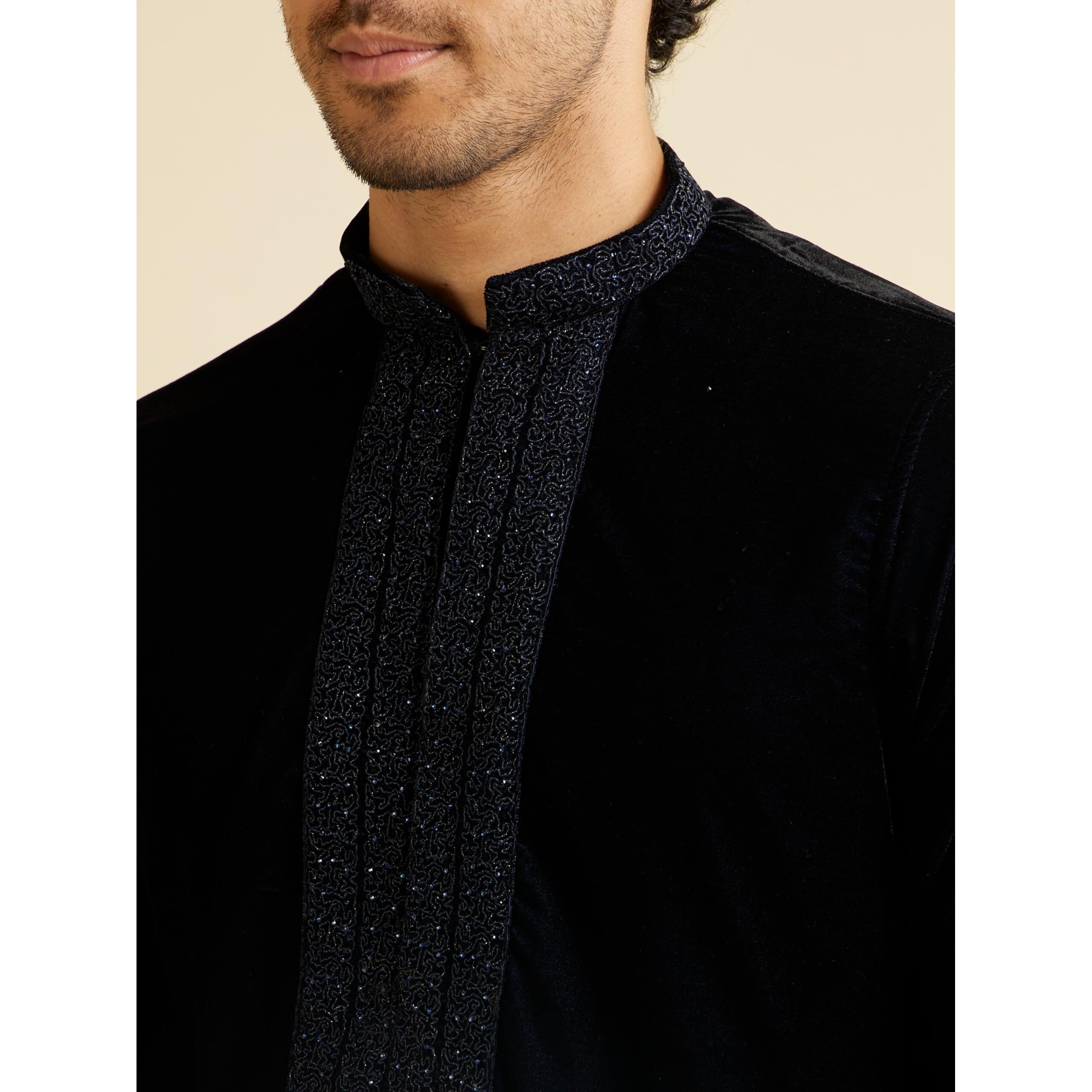 Manyavar Men's Velvet Neckline Embroidered Kurta Set (Dark Blue,L)