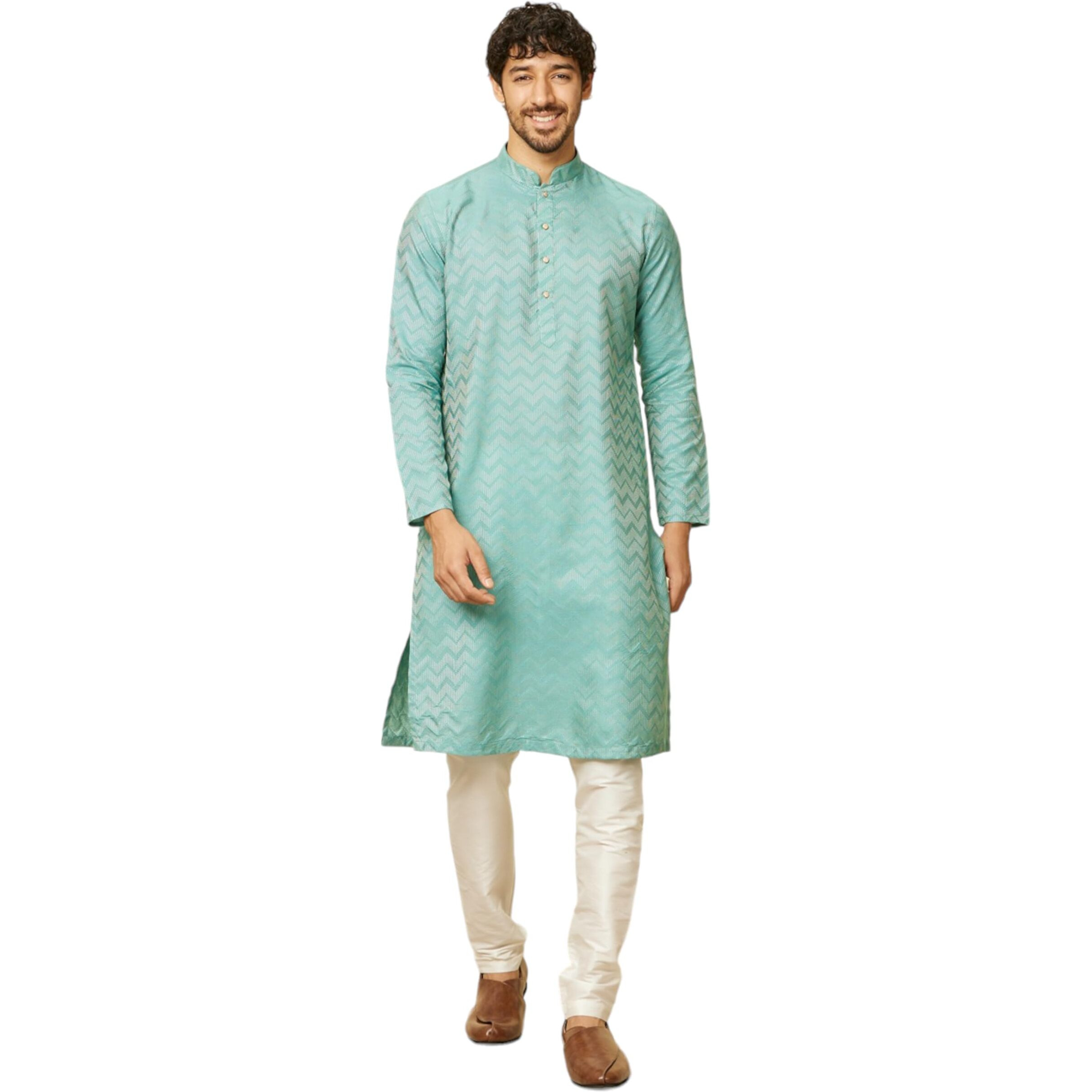 Manyavar Men's Green Blended Viscose Self Design Kurta Pyjama Set