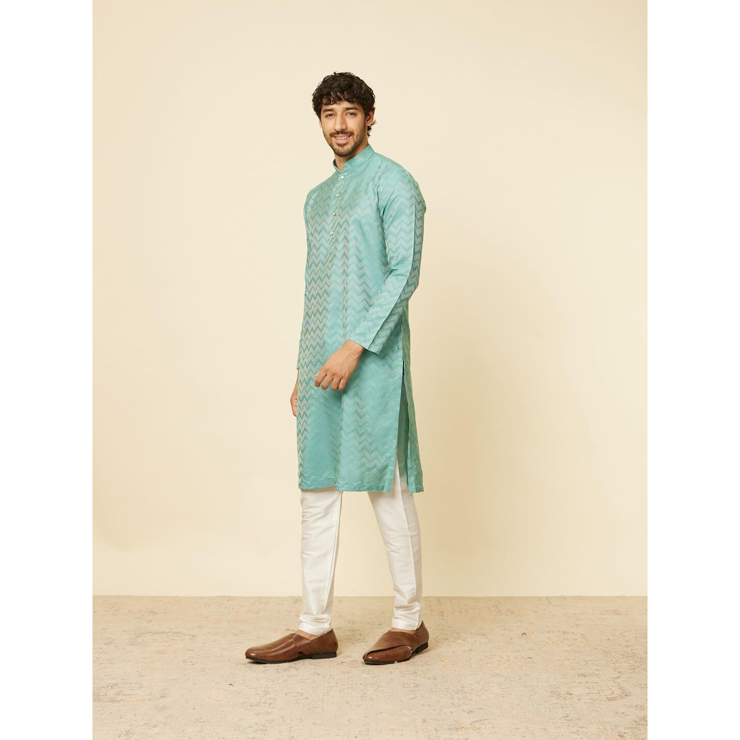 Manyavar Men's Green Blended Viscose Self Design Kurta Pyjama Set