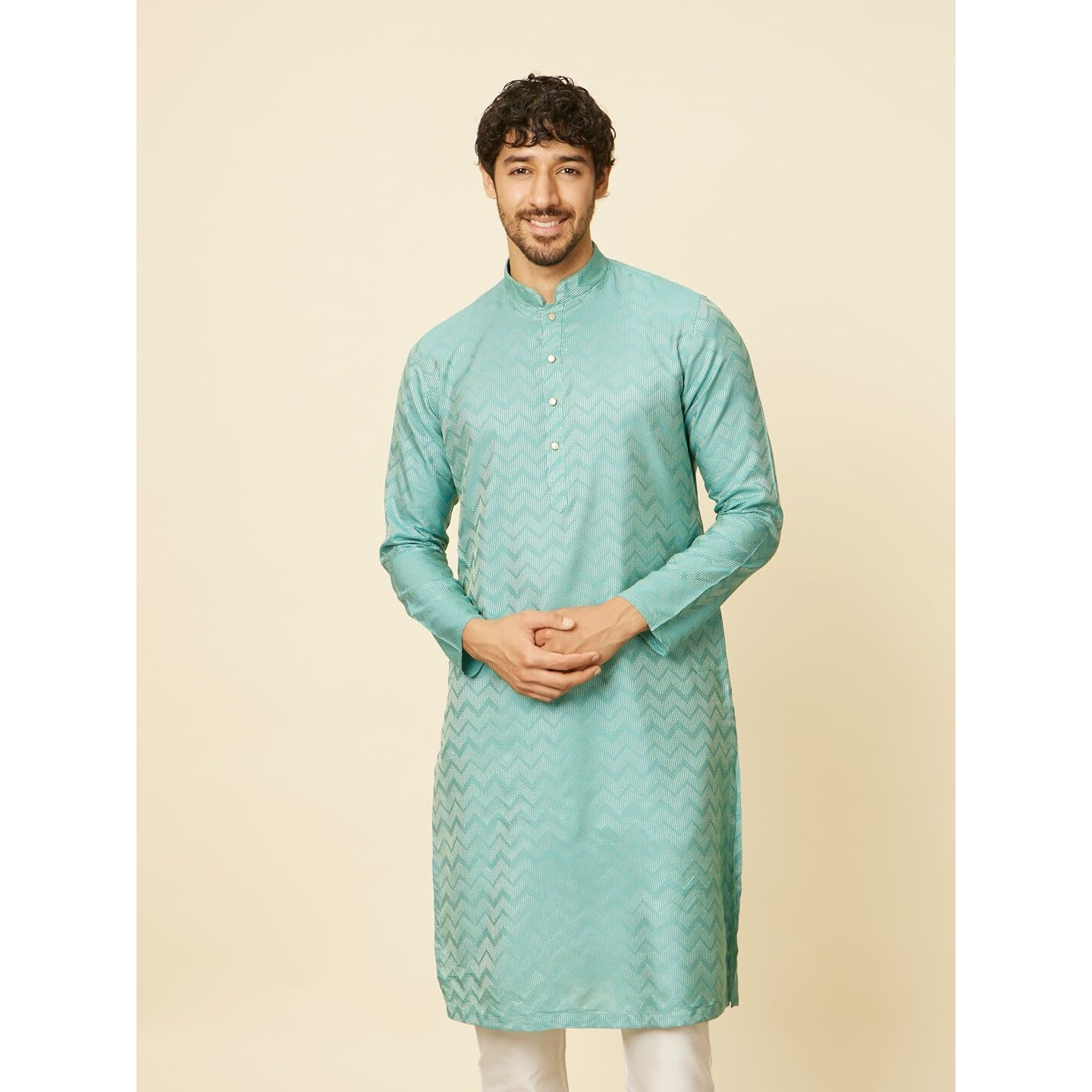 Manyavar Men's Green Blended Viscose Self Design Kurta Pyjama Set