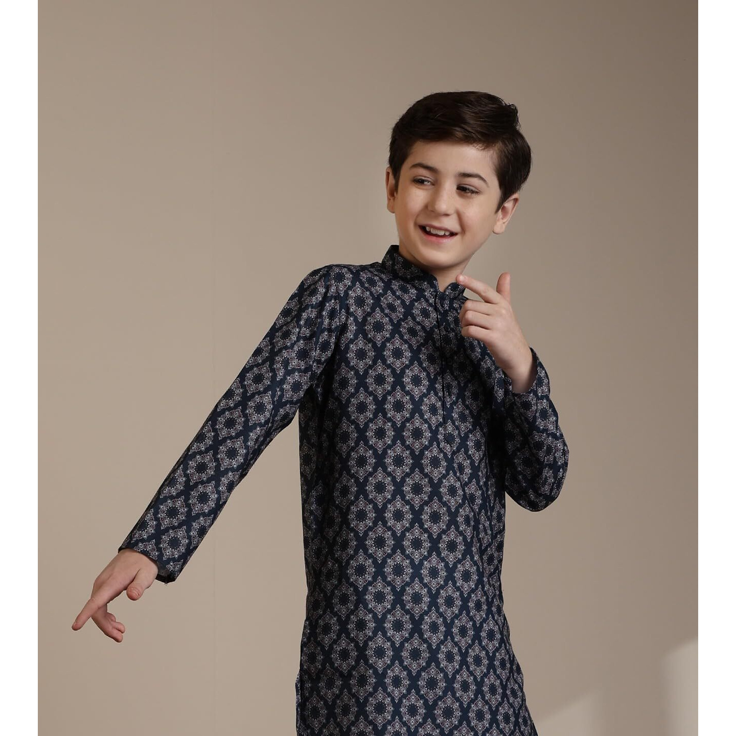 Manyavar Blended Cotton Digital Print Kurta Pyjama Set For Child(3-4 Years)