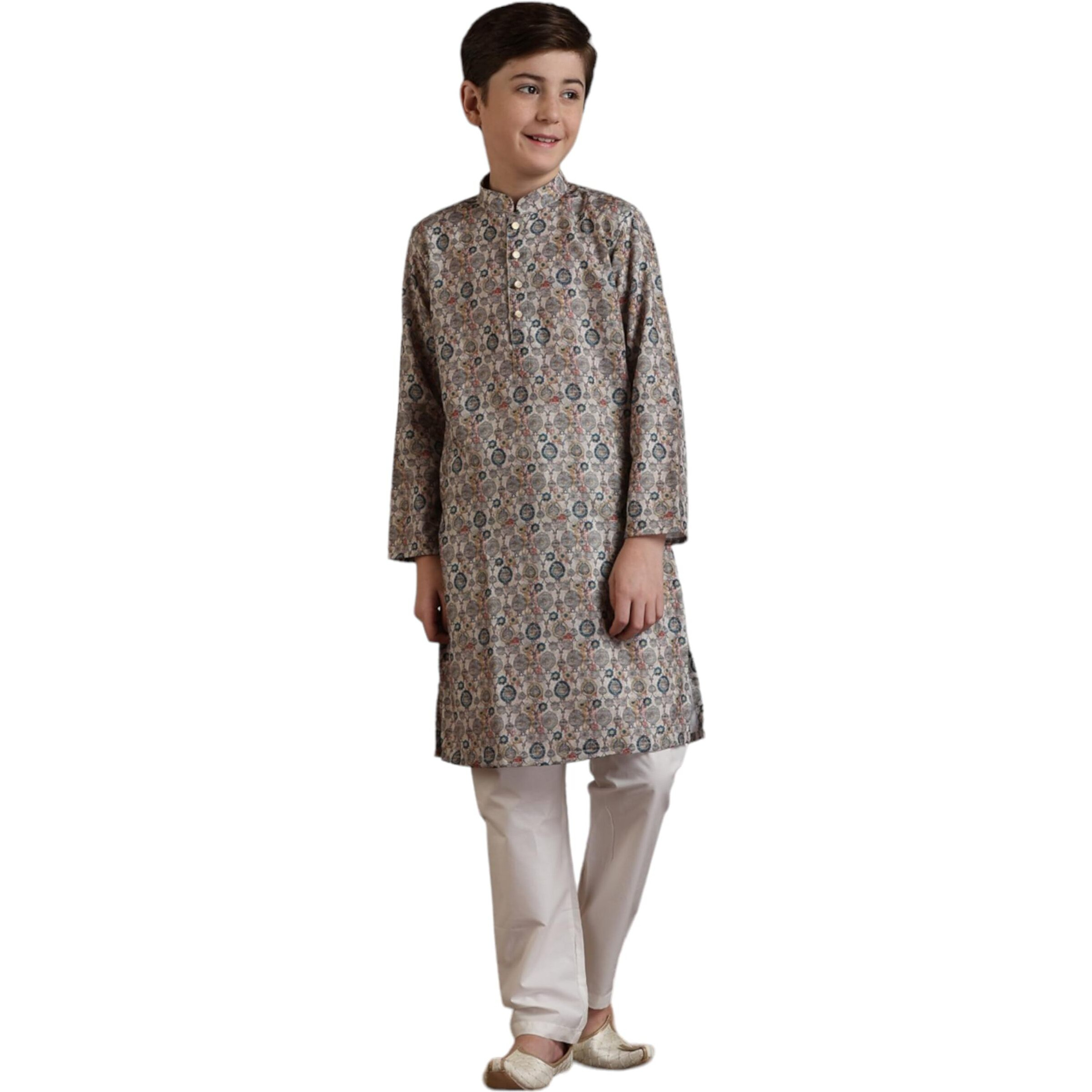 Manyavar Blended Cotton Digital Print Kurta Pyjama Set For Child(6-8 Years)