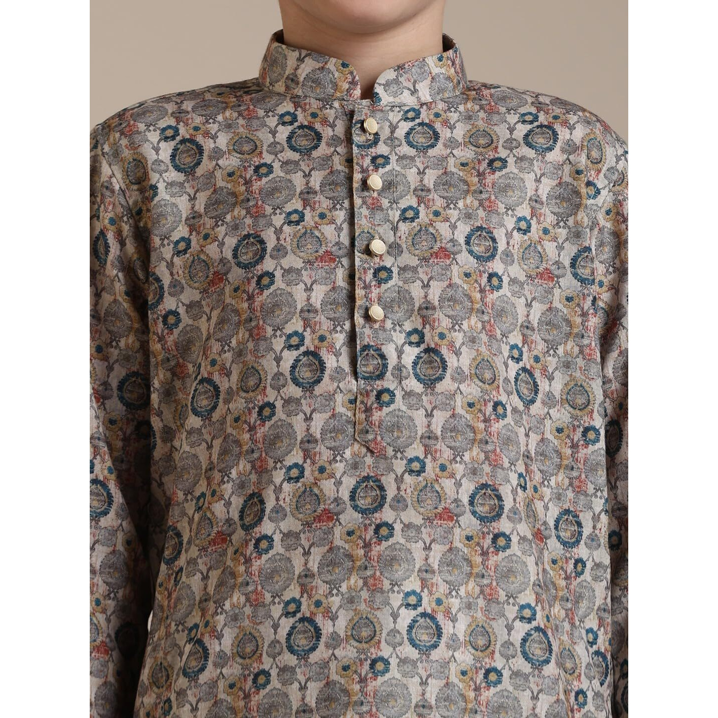 Manyavar Blended Cotton Digital Print Kurta Pyjama Set For Child(6-8 Years)