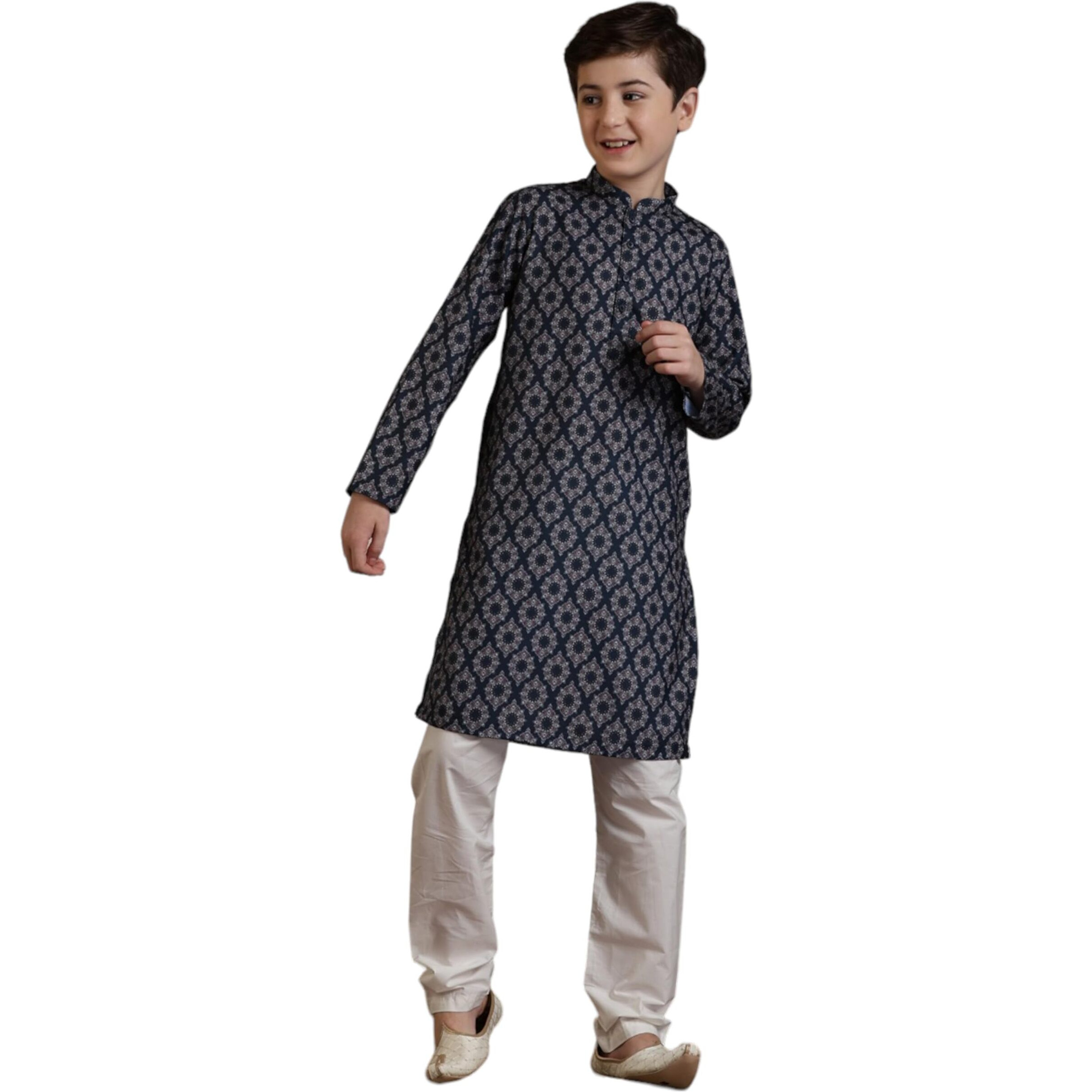 Manyavar Blended Cotton Digital Print Kurta Pyjama Set For Child(8-10 Years)