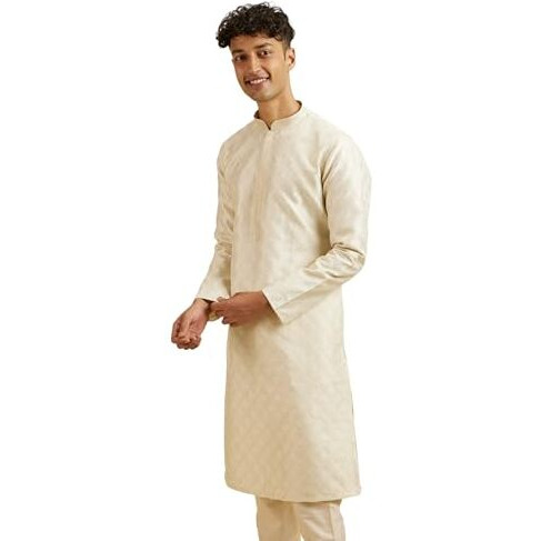 Manyavar Men's Art Silk Jacquard Embroidered Kurta Pyjama Set (Cream,L)