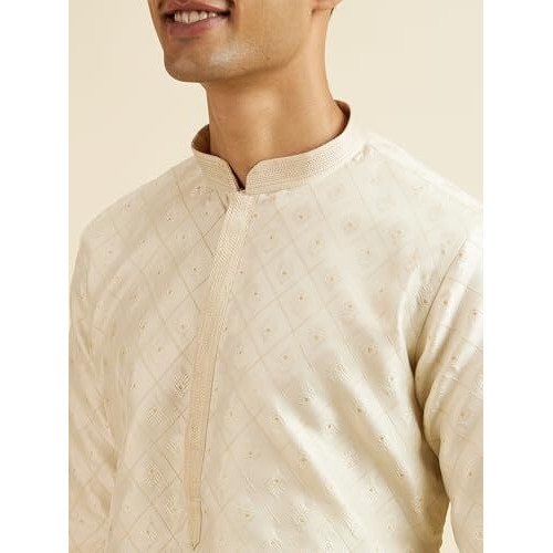 Manyavar Men's Art Silk Jacquard Embroidered Kurta Pyjama Set (Cream,L)