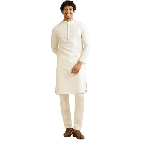 Manyavar Men's Viscose Blend Embroidered Jacquard Kurta Set (White,L)