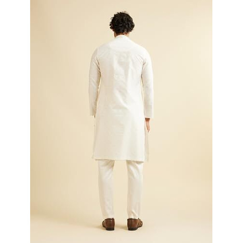 Manyavar Men's Viscose Blend Embroidered Jacquard Kurta Set (White,L)