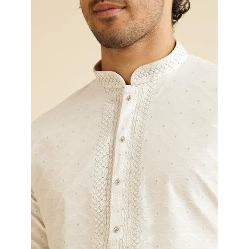 Manyavar Men's Viscose Blend Embroidered Jacquard Kurta Set (White,L)