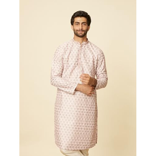 Manyavar Mens Peach Art Silk Printed Kurta Pyjama Set