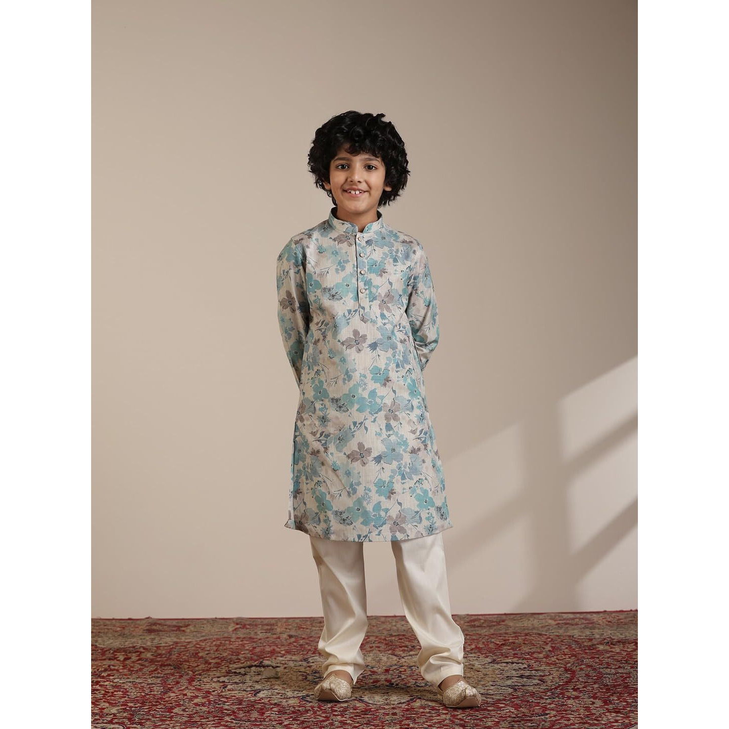 Manyavar Aqua Green Blended Linen Digital Print Kurta Pyjama Set For Child(3-4 Years)