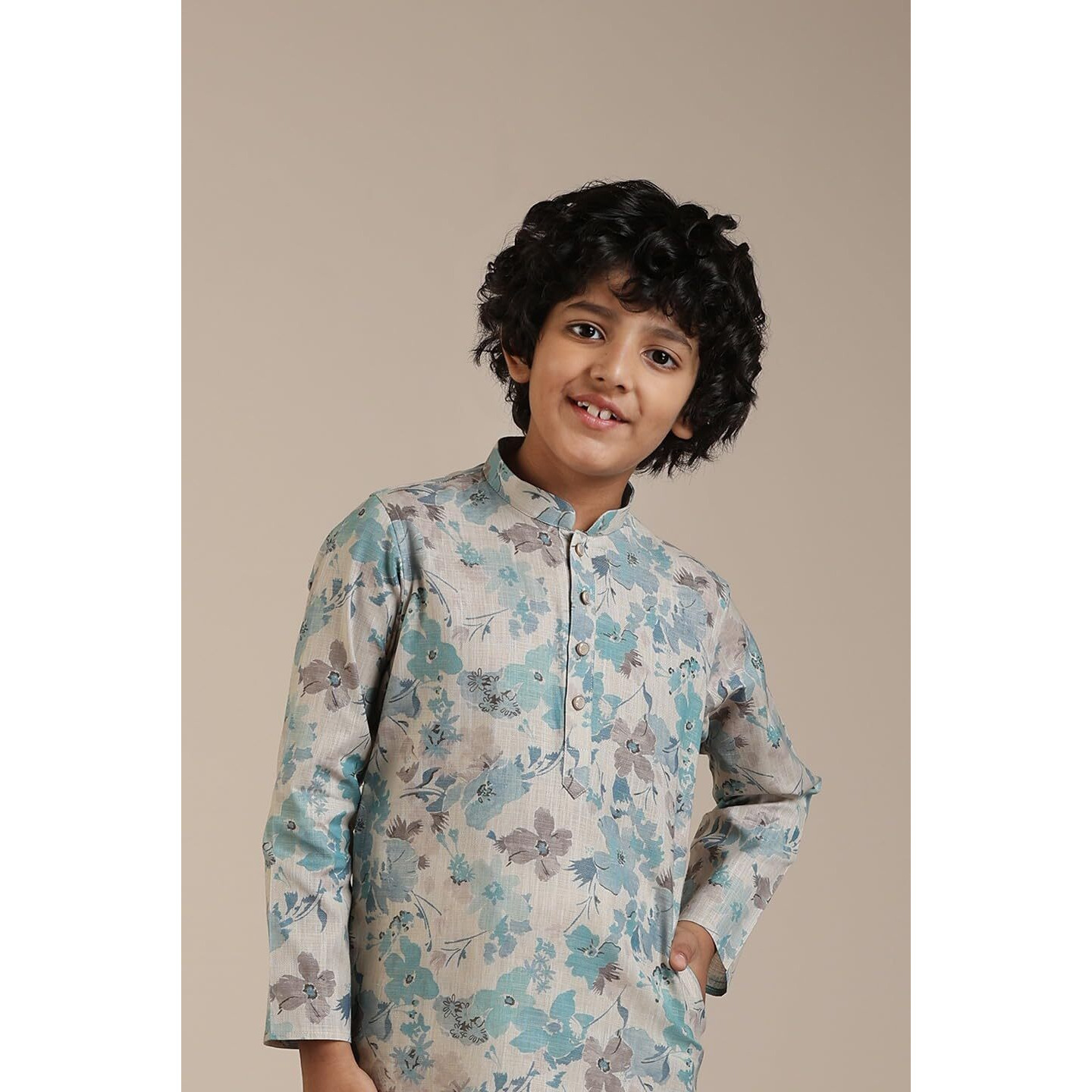 Manyavar Aqua Green Blended Linen Digital Print Kurta Pyjama Set For Child(3-4 Years)