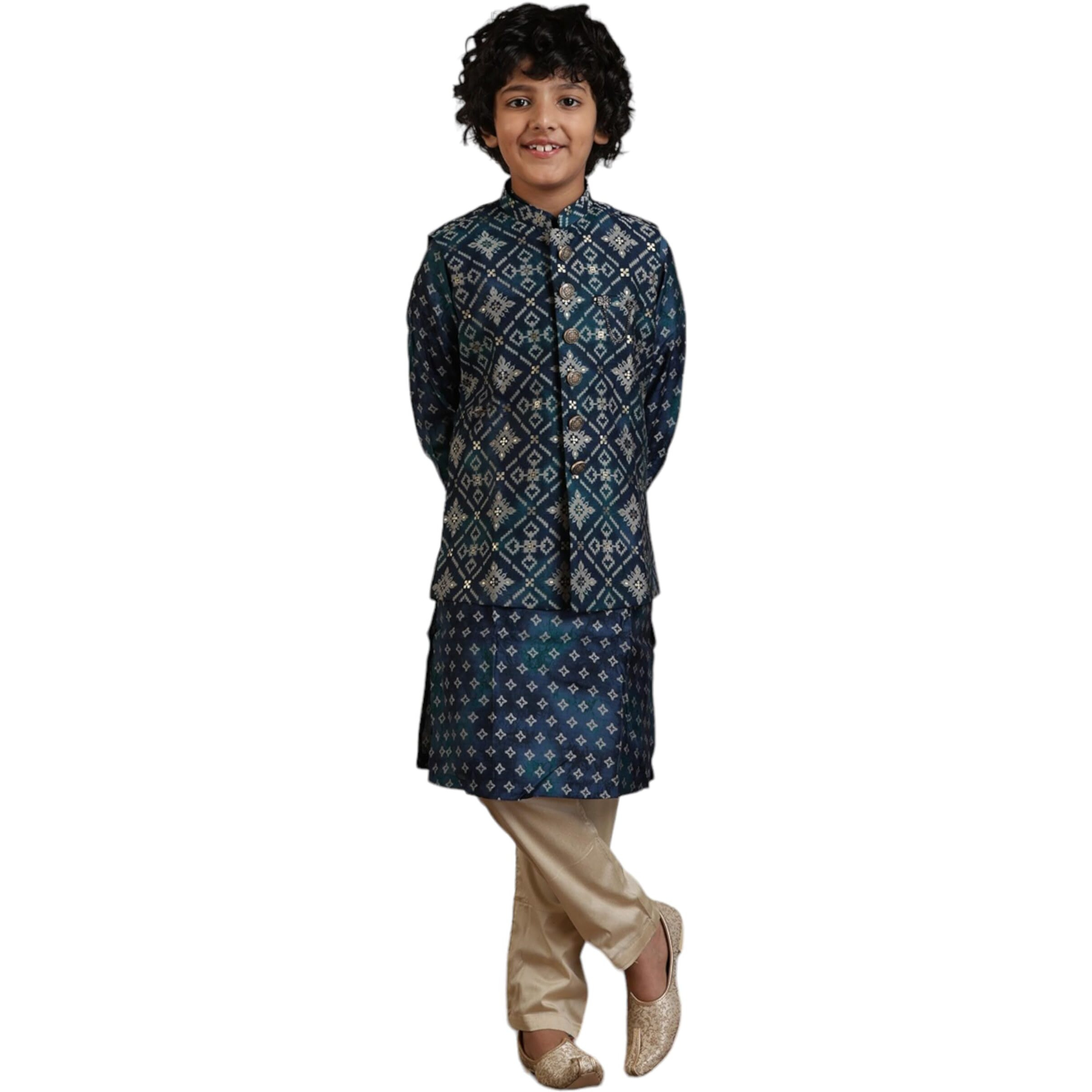 Manyavar Blended Viscose Foil Print Kurta Jacket Pyjama Set For Child(3-4 Years)