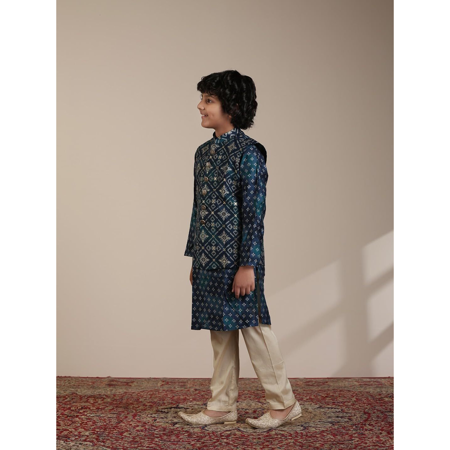 Manyavar Blended Viscose Foil Print Kurta Jacket Pyjama Set For Child(5-6 Years)