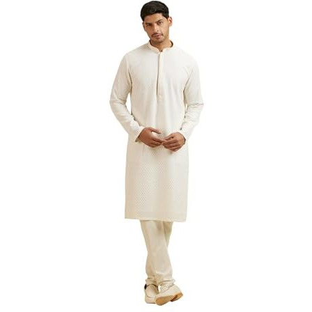 Manyavar Men's Georgette Embroidered|Sequins Kurta Churidar Set (Warm White,S)