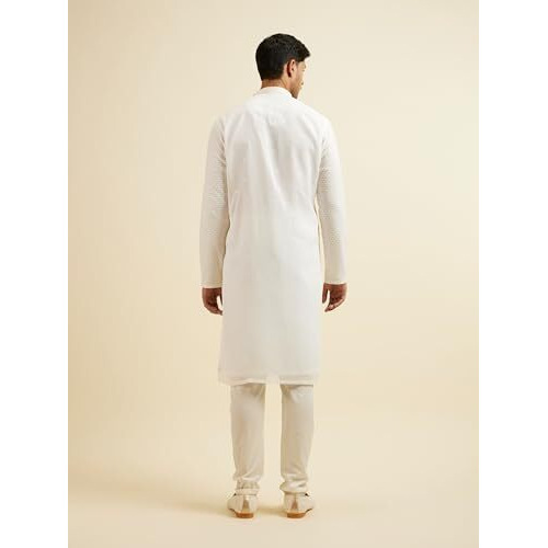 Manyavar Men's Georgette Embroidered|Sequins Kurta Churidar Set (Warm White,S)