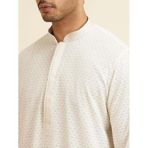 Manyavar Men's Georgette Embroidered|Sequins Kurta Churidar Set (Warm White,S)