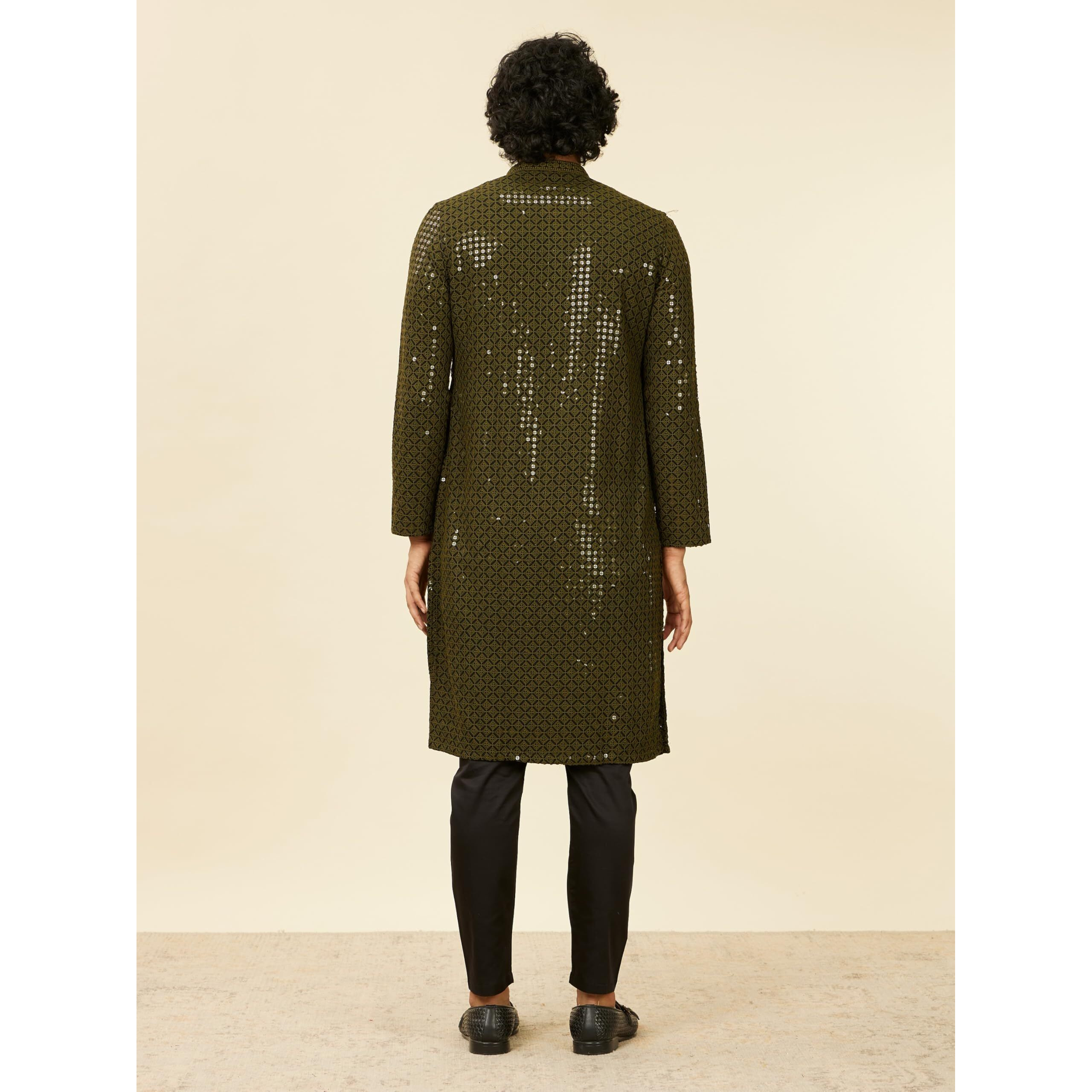 Manyavar Men's Viscose Chikankari Sequined Kurta Set (Olive Green,M)