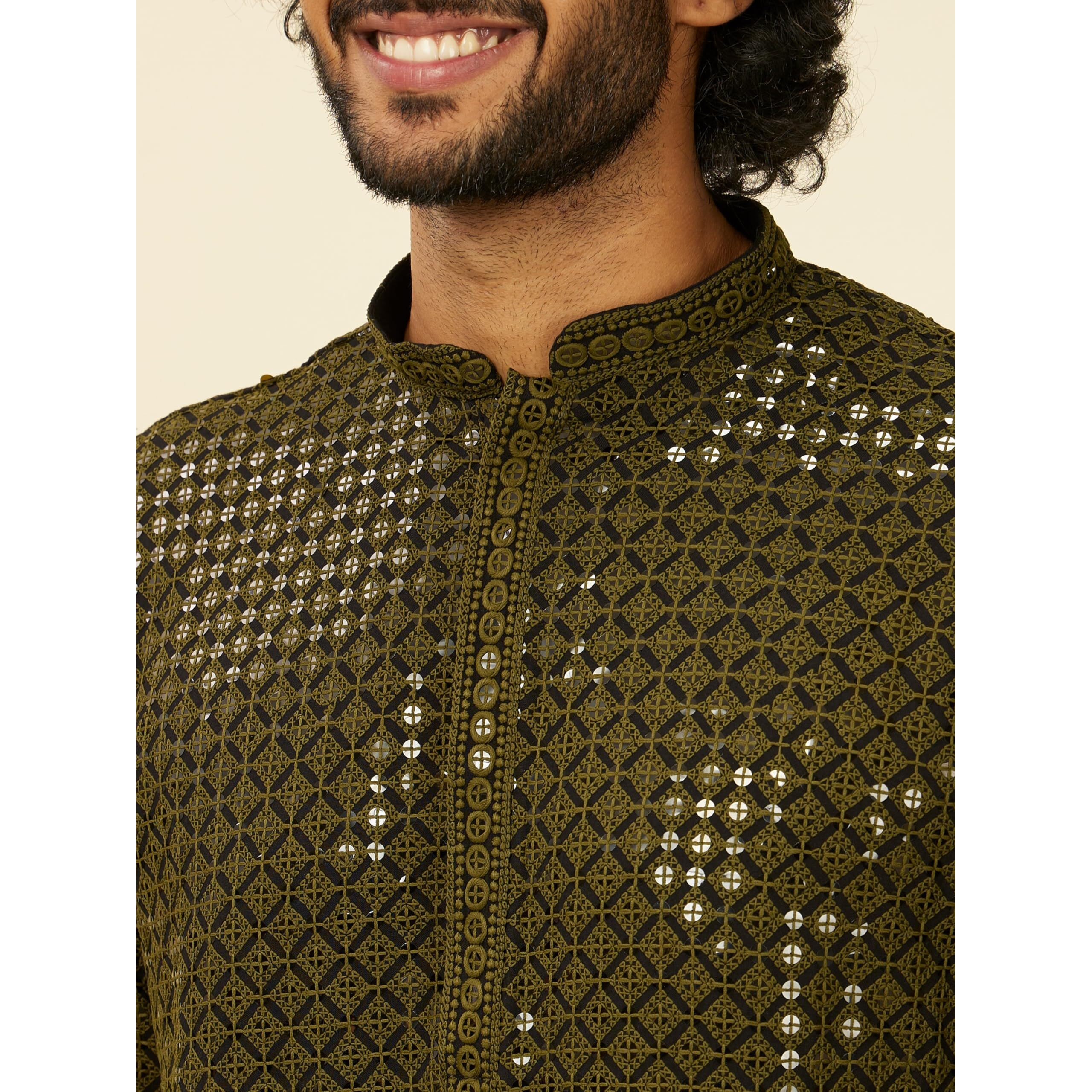 Manyavar Men's Viscose Chikankari Sequined Kurta Set (Olive Green,M)