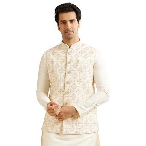 Manyavar Men's Art Silk Digital Print Nehru Jacket (Warm White,Xl)