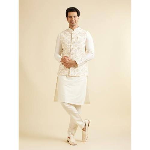 Manyavar Men's Art Silk Digital Print Nehru Jacket (Warm White,Xl)