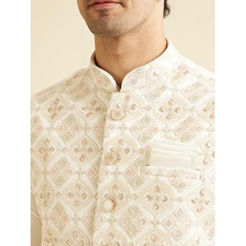 Manyavar Men's Art Silk Digital Print Nehru Jacket (Warm White,Xl)