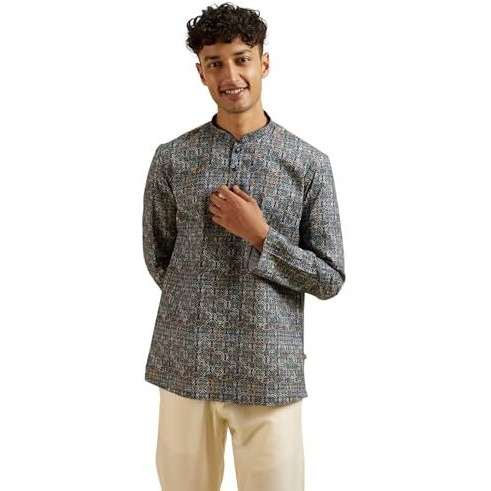 Manyavar Men's Cotton Digital Print Short Kurta (Blue,M)