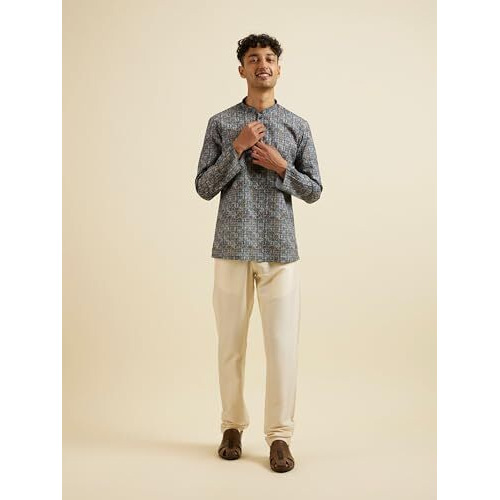 Manyavar Men's Cotton Digital Print Short Kurta (Blue,M)