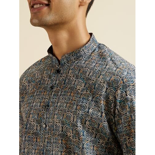 Manyavar Men's Cotton Digital Print Short Kurta (Blue,M)