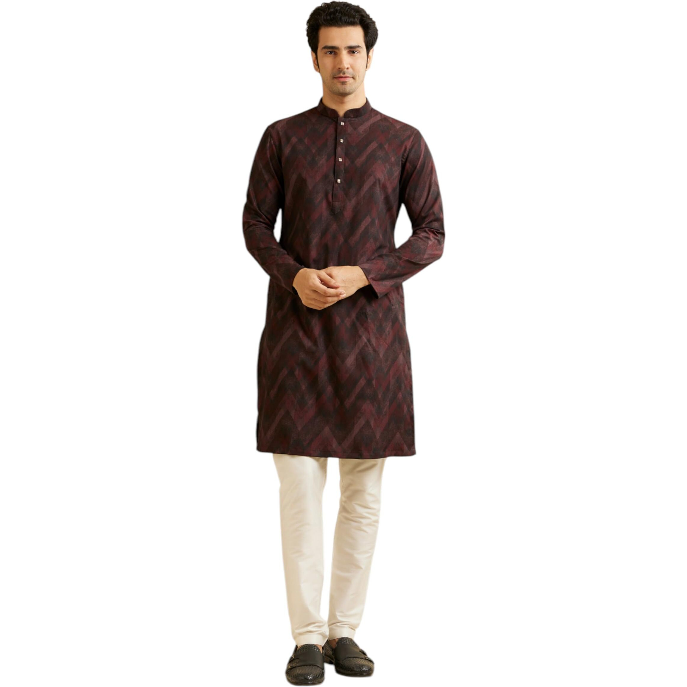 Manyavar Men's Spandex Chevron Patterned Kurta (Maroon,Xl)